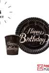 Happy Birthday Siyah Gümüş Tabak Bardak 8 li